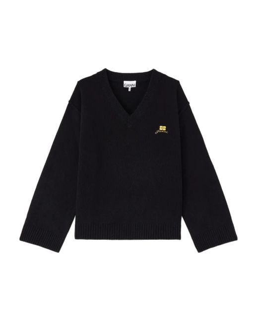 Ganni Blue V-Neck Embroidered Knitwear