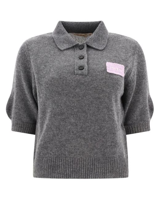 Marni Gray Cashmere Polo Jumper With Patch