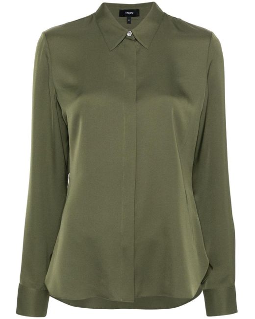 Theory Long-sleeve Silk Shirt Green