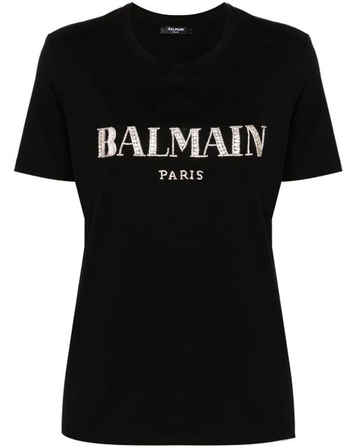Balmain Black Crystal-Logo Cotton T-Shirt