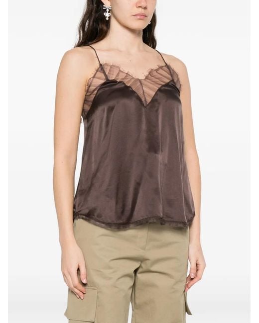 IRO Brown Berwyn Lace Trim Spaghetti-Strap Blouse