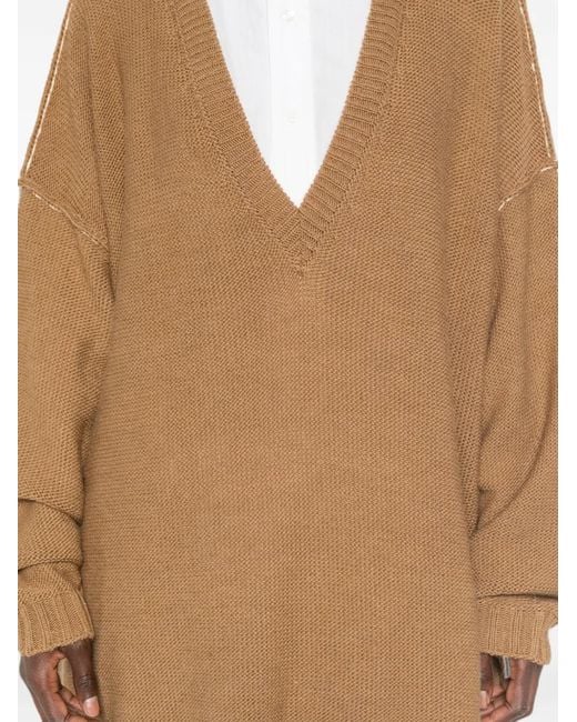MM6 by Maison Margiela Natural V-Neck Oversized Sweater