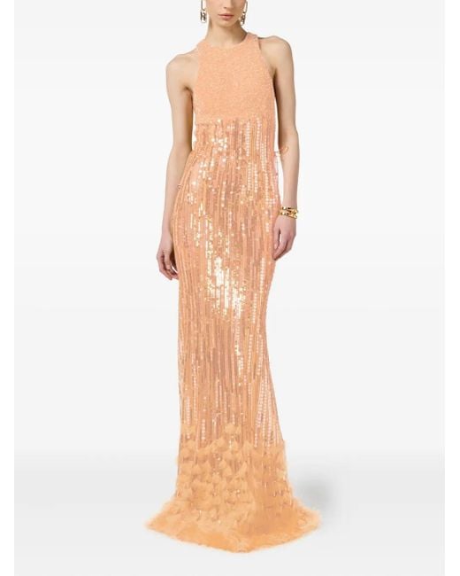 Elisabetta Franchi Natural Sequin-Embellished Maxi Evening Dress