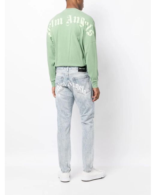 Palm Angels Blue Curved-logo Print Jeans for men