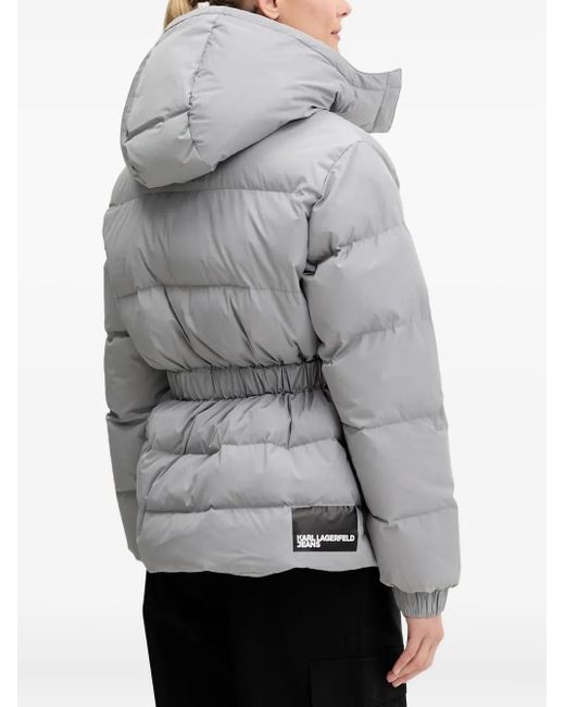 Karl Lagerfeld Gray Hooded Belted Puffer Jacket