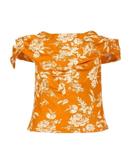 Rosie Assoulin Orange Can'T Bare It Off-Shoulder Printed Top