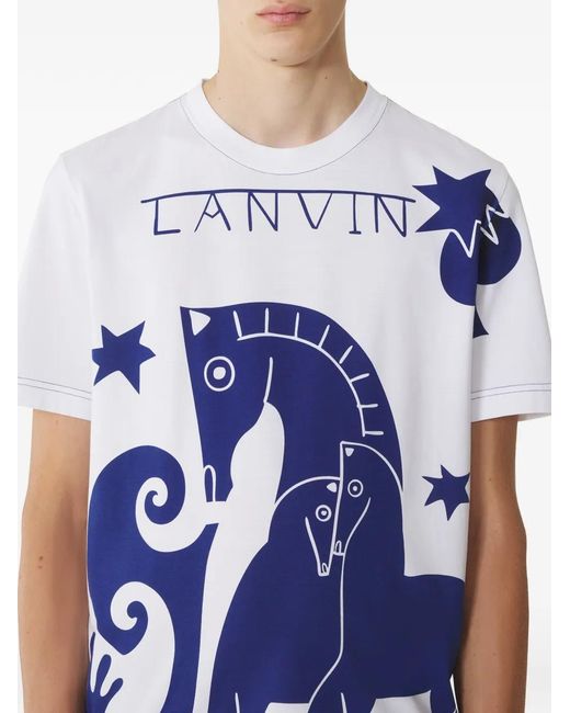 Lanvin Blue Graphic Print Round Neck T-Shirt With Tonal Topstitching for men