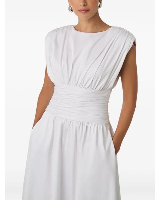 Toccin White Evangeline Strong-Shoulder Ruched Midi Cotton Dress