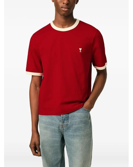AMI Red Contrasted Cotton T-Shirt With Ami De Coeur for men