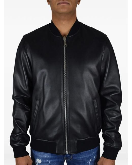Philipp Plein Black Leather Multicolor Graphic Bomber Jacket for men