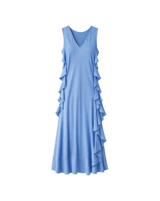 Silk95five Blue Ruffled V-Neck Midi Dress