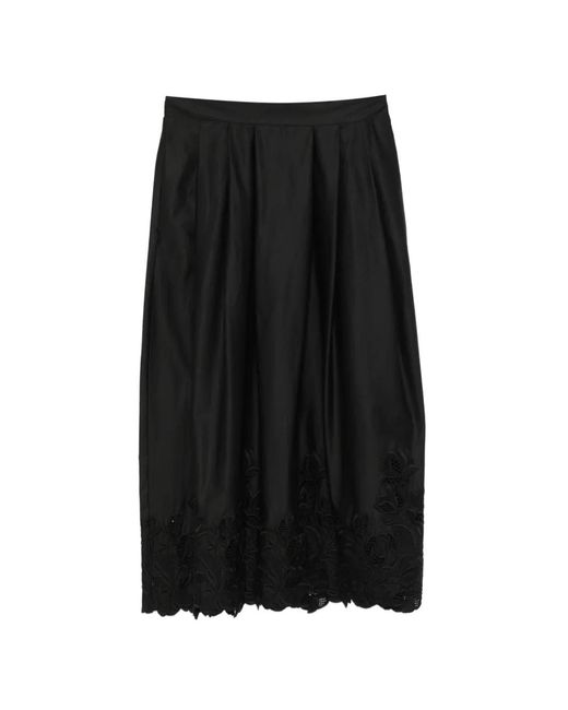 Ermanno Scervino Black Floral-Embroidered Pleated Midi Skirt