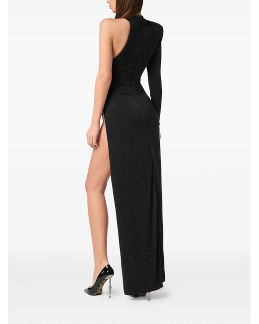 Philipp Plein Black Jersey Long Dress Mono Sleeve Strass