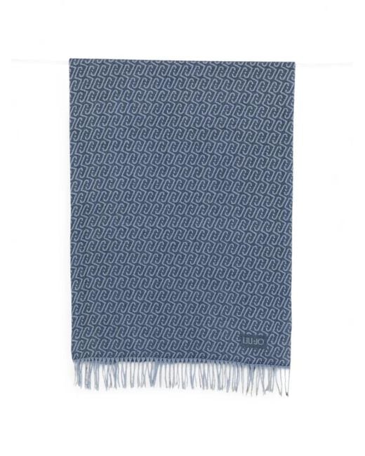 Liu Jo Blue Logo-Pattern Fringed Scarf