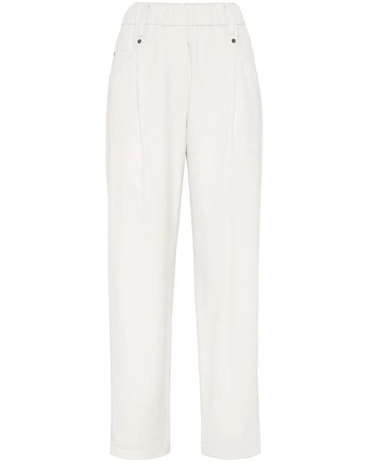 Brunello Cucinelli White Straight Cotton Pants With Elastic Waistband