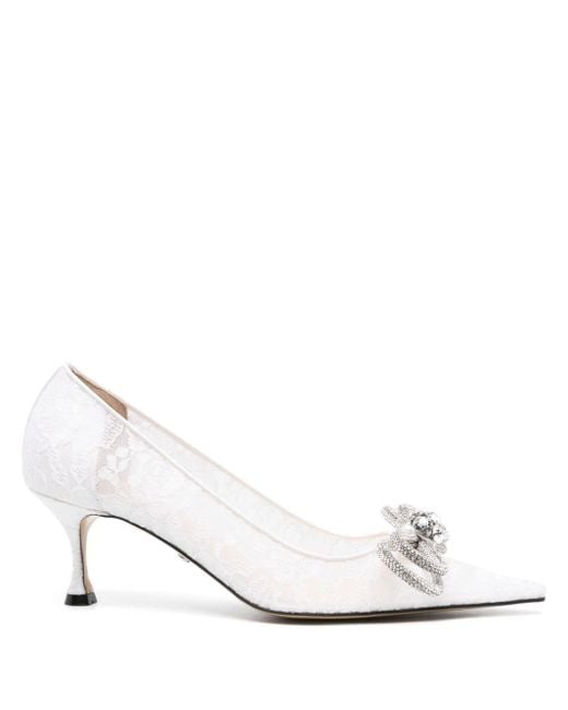 Mach & Mach White Double Bow 65 Crystal Lace Pumps