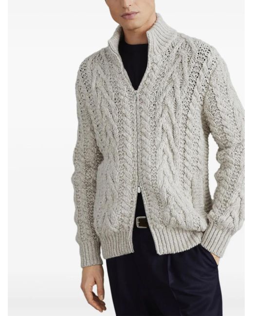 Brunello Cucinelli White Neutral Cable-knit Zip-up Cardigan - Men's - Fabric/cashmere for men