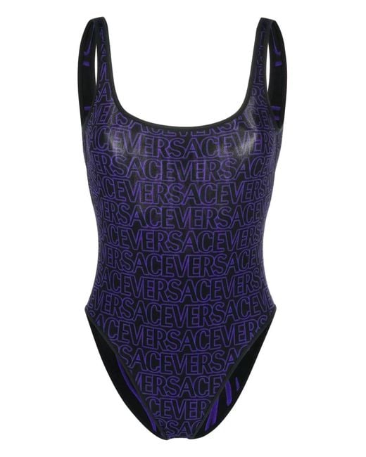 Versace Blue Logo-Print Low-Back Reversible Swimsuit