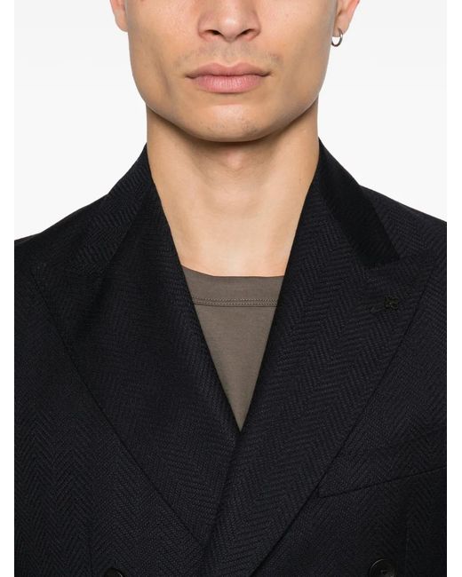 Tagliatore Black Double-Breasted Herringbone Blazer for men