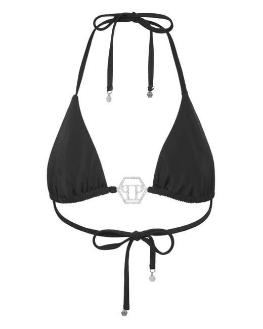Philipp Plein White Crystal Hexagon Triangle Bikini Top