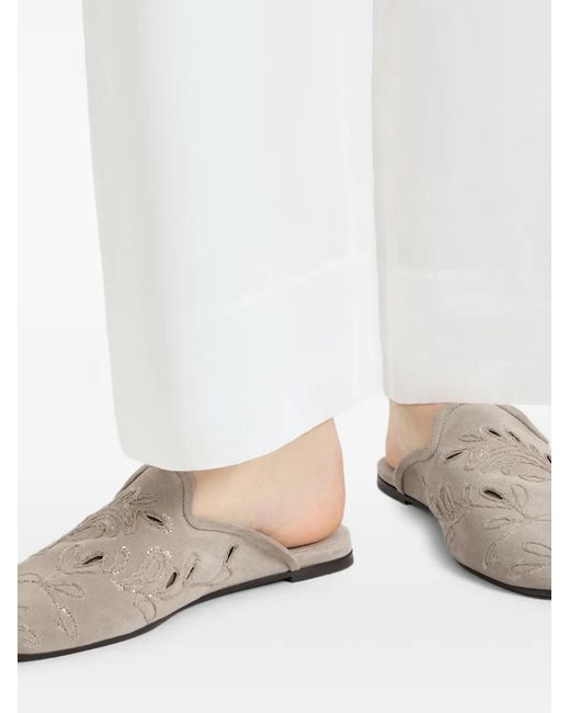 Brunello Cucinelli White Mules En Daim À Broderie Anglaise