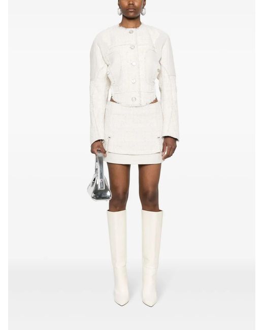 Gcds White Leather-Panel Tweed Jacket