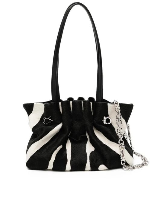 Ferragamo Black Animal-Printed Calf Hair Shoulder Bag