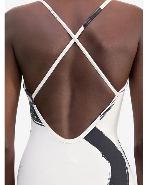 Loulou de Saison White Criss-Crossing Straps Printed Swimsuit