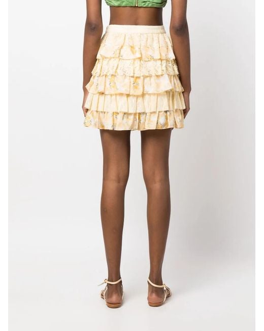 LoveShackFancy Natural Floral-Print Ruffled Miniskirt