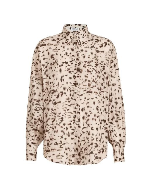 Brunello Cucinelli White Lynx Print Silk Pongee Shirt With Monili