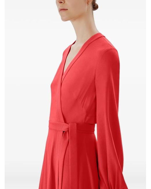 Another Tomorrow Red Cut-Out Lantern-Sleeve Wrap Dress