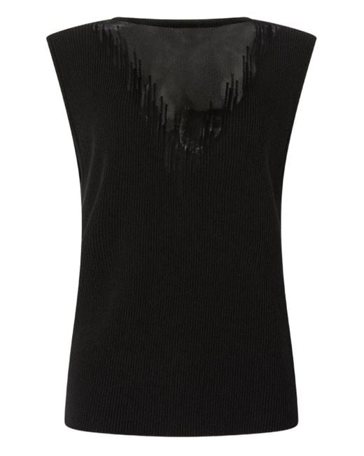 Genny Black Sheer-Panel Ribbed Top