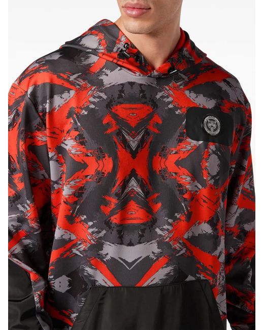 Philipp Plein Red Camouflage-Print Logo-Patch Hoodie for men