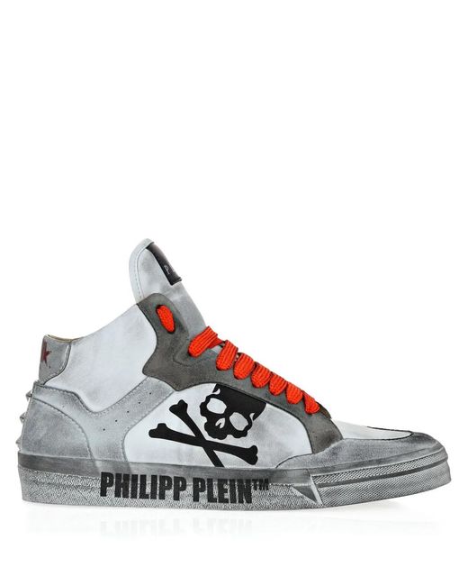 Philipp Plein Gray Skull-Motif Hi-Top Sneakers