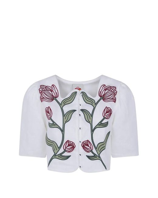 Farm Rio White Floral-Embroidered Puff-Sleeve Top