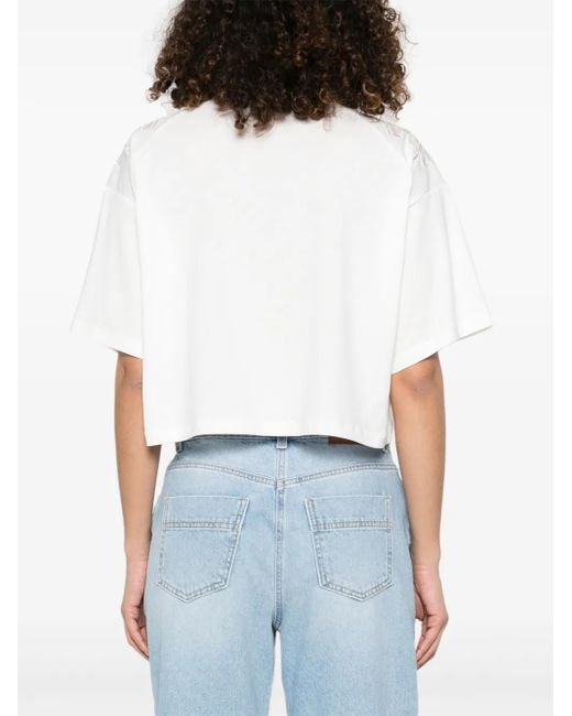 Elisabetta Franchi White Cropped T-Shirt With Floral Embroidery