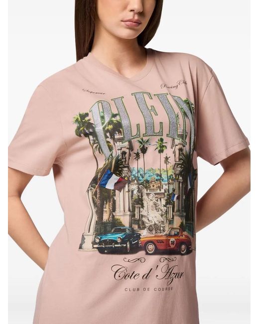 Philipp Plein Pink 'Vintage Racing Strass' Fit T-Shirt