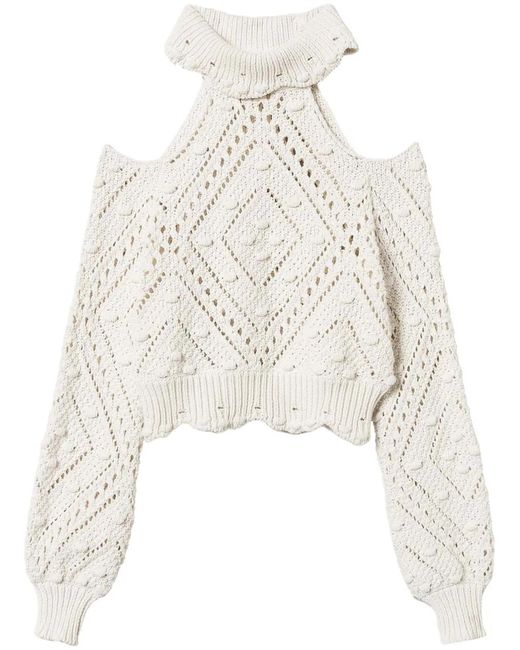 Twinset White Openwork-Knit Cropped Sweater