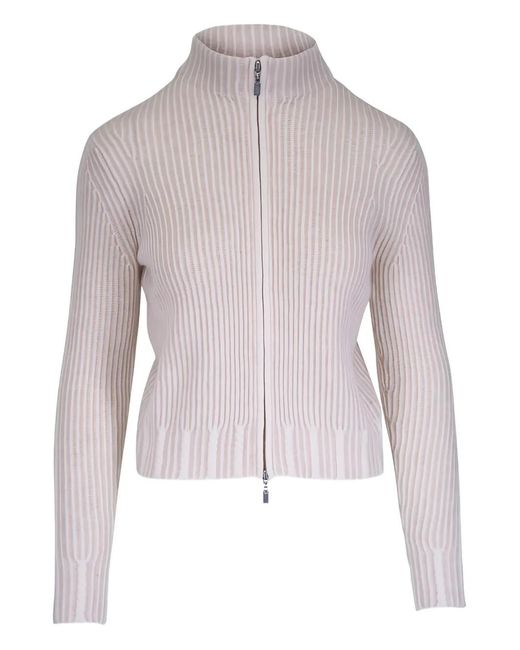 Kinross Cashmere Natural Zip-Up Ribbed Cardigan
