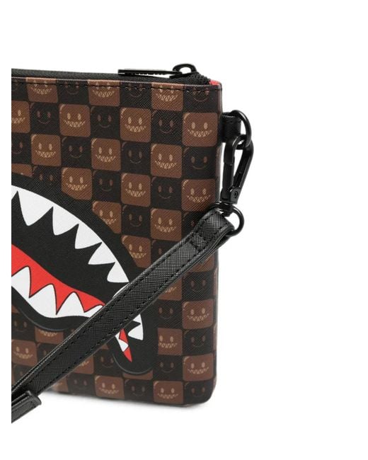 Sprayground Black Shark Mouth Check-Print Clutch Bag for men