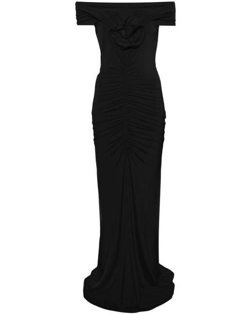 Nissa Black Floral-appliqué Off-shoulder Maxi Dress