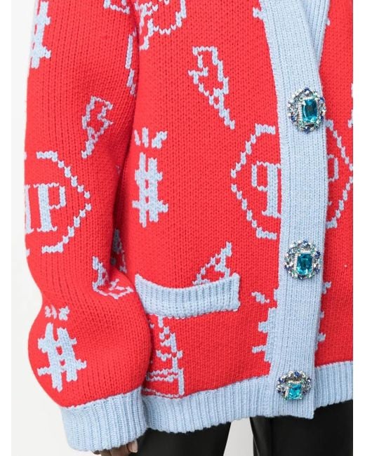 Philipp Plein Red Jacquard Logo Cardigan