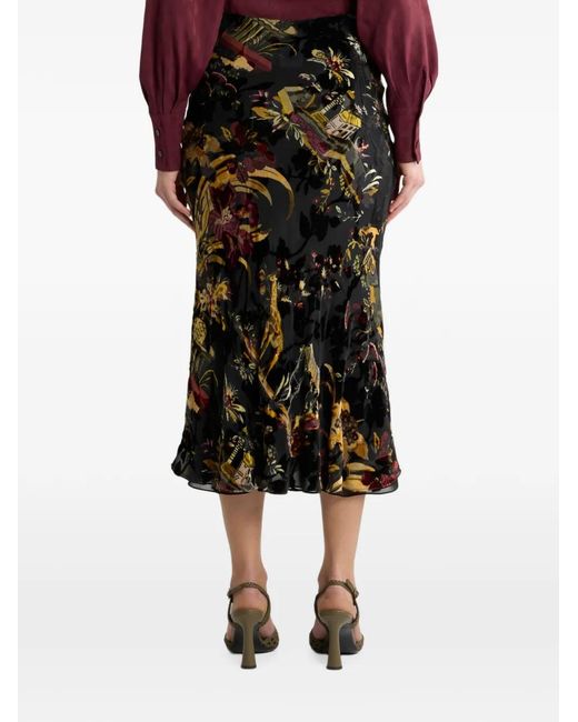Etro Black Silk-Blend Burnout Velvet Midi Skirt With Flower And Animal Motif