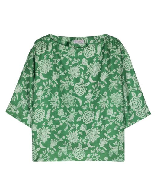 Alberto Biani Green Floral-print Silk Blouse