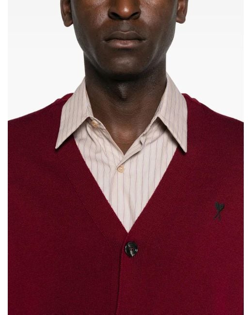 AMI Red Button-Front Logo-Embroidery Cardigan for men