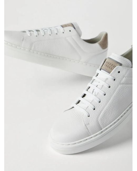 Brunello Cucinelli White Calfskin Trainers With Grain for men