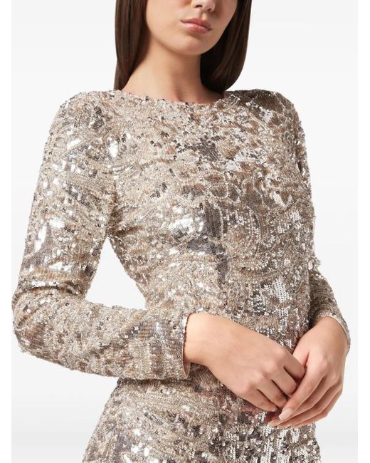 Philipp Plein Natural Embroidered Long-Sleeved Mini Dress Crystal Skull