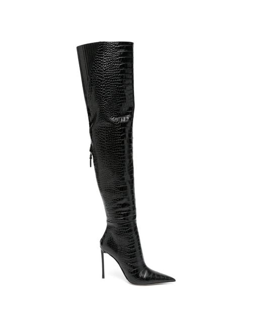 Tom Ford Black Croc-Effect Over-The-Knee Boots