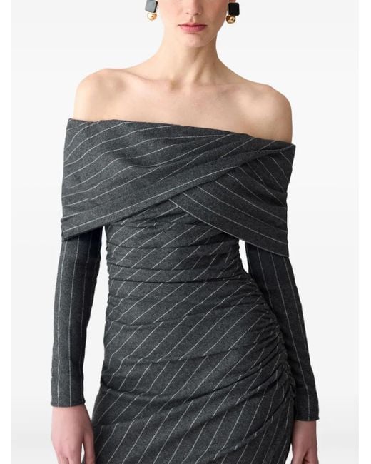 Carolina Herrera Black Off-Shoulder Pinstripe Asymmetric Day Dress