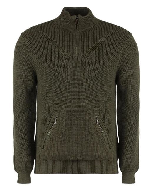 Moorer Green Ribbed-Knit Half-Zip Pullover for men